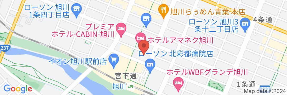 天人峡天然温泉 「旅人の湯」ホテルルートインGrand旭川駅前の地図